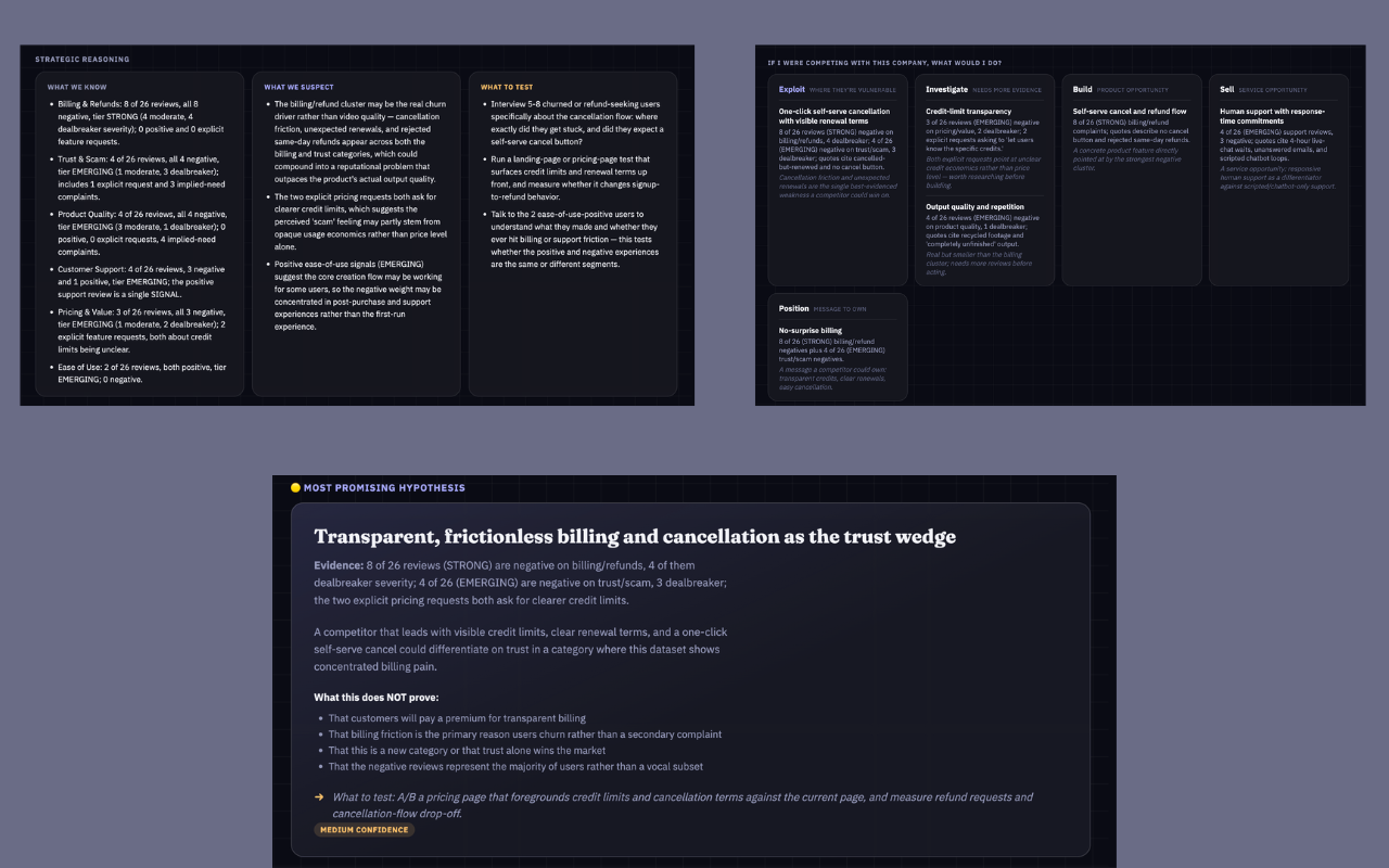 Strategic reasoning columns, competitive verdict grid, and the most promising hypothesis card